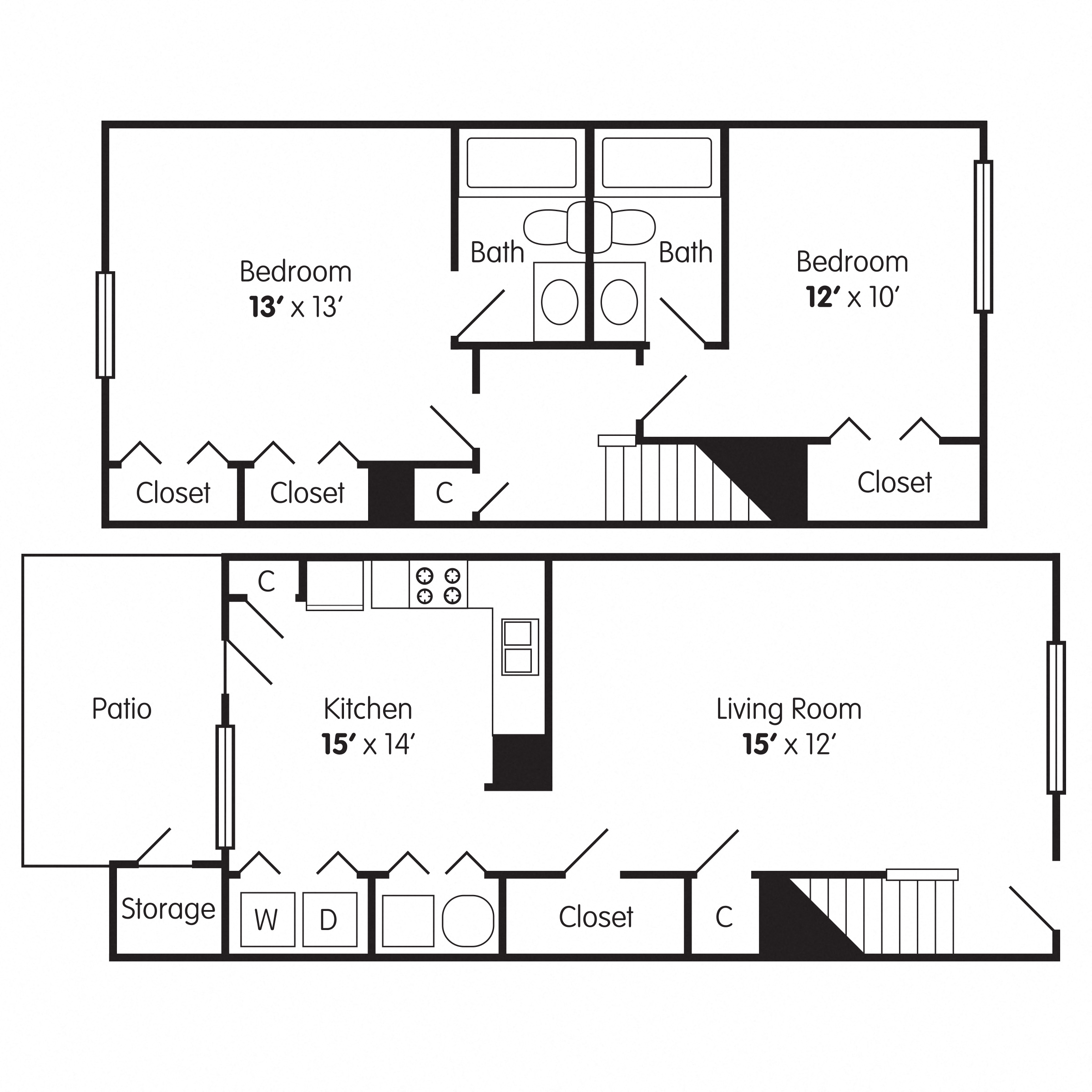 Floor plan for 2 beds, 2 baths, 1093 sqft